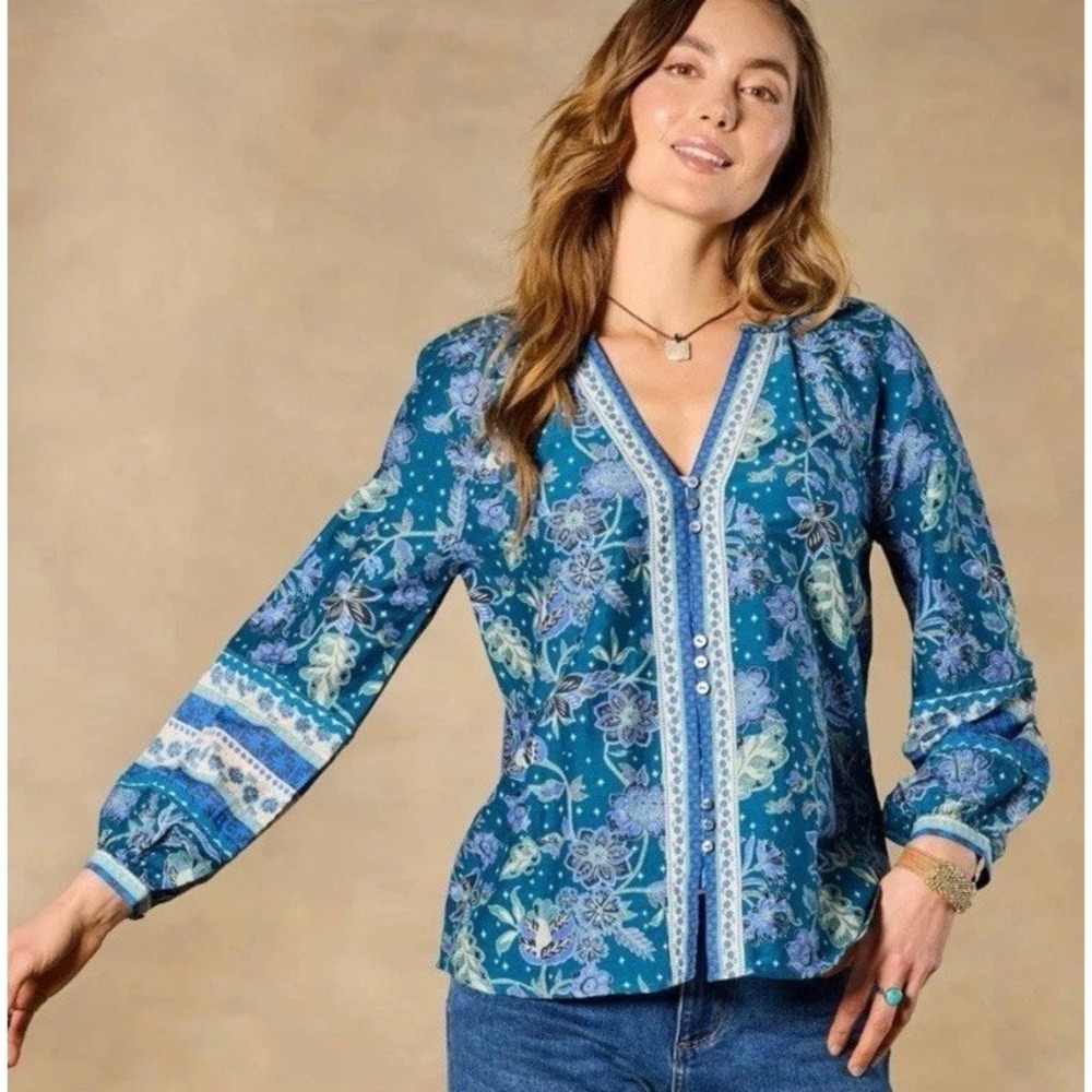 NWOT Sundance Arvilla Blue Floral Boho Silk Blouse Long Sleeve Top Size XXL